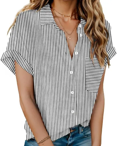 Vista 26 de HOTOUCH Camisas de Lino para Mujer con Botones Blusas de Manga Corta de Algodón Cuello en V con Cuello Tops de Gasa con Botones S-3XL