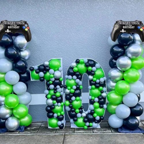 Vista 7 de Kit de guirnalda de arco de globos de videojuegos, 144 unidades, color verde, negro y plateado, estrella explosiva, globos de Mylar para niños