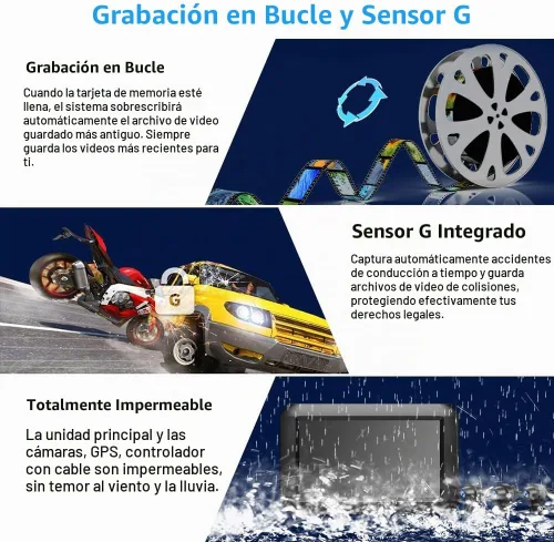 Vista 6 de VSYSTO Cámara WiFi para salpicadero de motocicleta, monitoreo de estacionamiento, GPS de 4 pulgadas, cámara de visión trasera de motocicleta