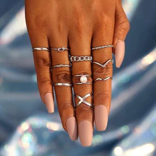 Vista 2 de Juego de 10 anillos apilables de nudillos vintage para mujer estilo bohemio chapado en oro plata ajuste cómodo VSCO anillo de dedo con junta