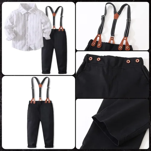 Vista 4 de Conjunto de 2 piezas para bebé, caballero blanco y negro con corbatín y pantalones para bebé, conjunto formal con tirantes
