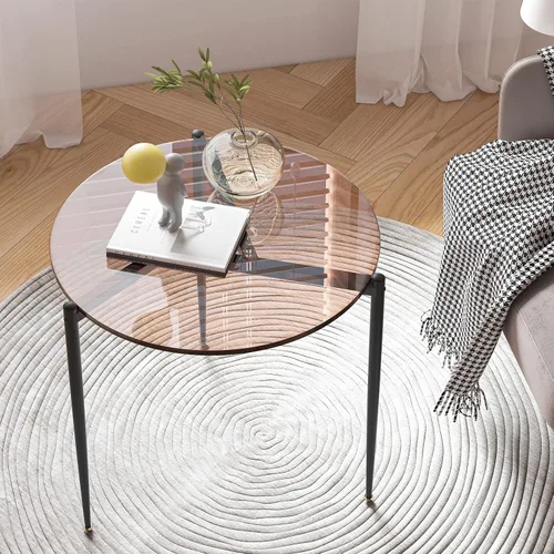 Vista 5 de Mesa auxiliar moderna redonda: patas de metal con tapa de vidrio Decoración contemporánea de la sala de estar de la pequeña mesa Marrón