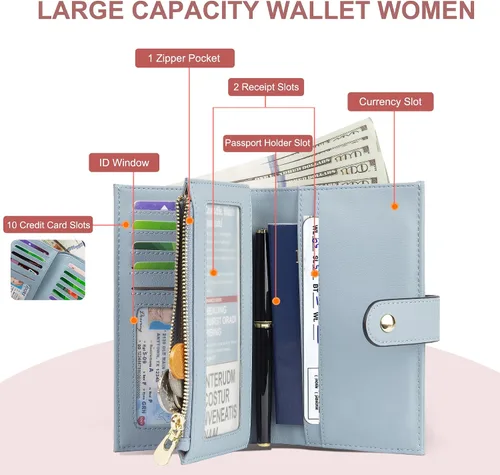 Vista 2 de yiijay Cartera para mujer con bloqueo RFID, de cuero vegano, triple pliegue, tarjetero para tarjetas de crédito, cartera de viaje con soporte
