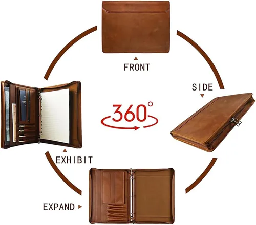 Vista 4 de Portafolio Personalizado de Cuero con Nombre Grabado, Organizador de Negocios Profesional con Cremallera para Hombres, Carpeta de Anillas