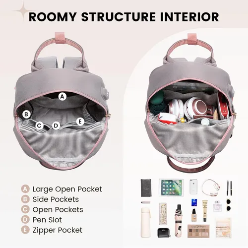 Vista 3 de LOVEVOOK Mini mochila para mujeres y niñas, elegante mochila impermeable con puerto USB, bonita mochila para la escuela, viajes, fiestas, Rosa &