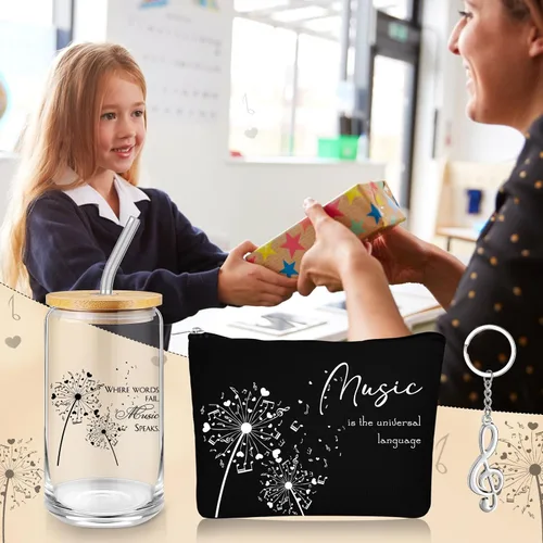 Vista 6 de Sieral Regalos para amantes de la música para mujeres, regalos para profesores de música, taza de cristal, bolsa musical con cremallera, llavero