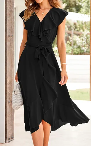 Vista 4 de PRETTYGARDEN Vestido midi cruzado de verano para mujer, casual, bohemio, cuello en V profundo, manga corta, dobladillo con volantes, vestido largo