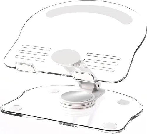Vista 12 de Soporte acrílico para tablet con base giratoria de 360°, soporte plegable ajustable transparente para escritorio, oficina en casa, compatible
