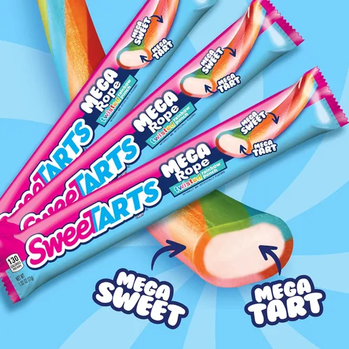 Vista 3 de SweeTARTS Mega Filled Ropes Candy, Twisted Rainbow Punch, Dulce y Ácido, 1.32 oz (Paquete de 24)