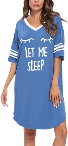 Vista 2 de Camisas de dormir para mujer, de manga corta, de algodón, con cuello en V, camisones de gran tamaño, lindo camisón estampado