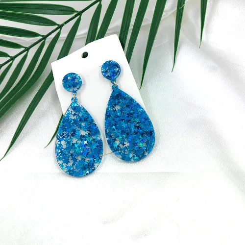 Vista 3 de Aretes de acrílico con purpurina, forma de lágrima redonda con lentejuelas, aretes de estrella brillante, aretes de lágrima geométrica bohemia