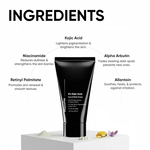 Vista 2 de Masofta Crema facial y corporal 2% de ácido kójico para pigmentación, melasma, marcas de acné, axilas, cuello, para hombres y mujeres, 1.0 fl oz