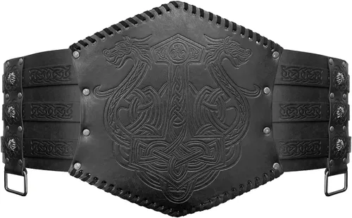 Vista 2 de HiiFeuer Viking - Armadura de cintura en relieve, cinturón ancho de piel sintética nórdica, cinturón de corsé medieval de caballero para disfraz LARP