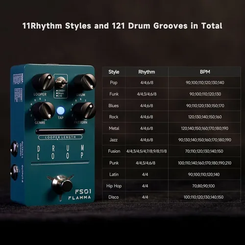 Vista 2 de FLAMMA FS01 Caja de Ritmos y Pedal de Bucle de Frases Pedal de Guitarra Modo Mix Capacidad de Looper 20 Minutos 121 Ritmos