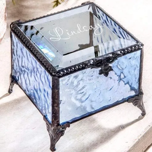Vista 2 de Caja de cristal azul personalizada, vitrina decorativa para tocador, organizador de joyas, regalo de recuerdo para ella, niña, mujer, decoración