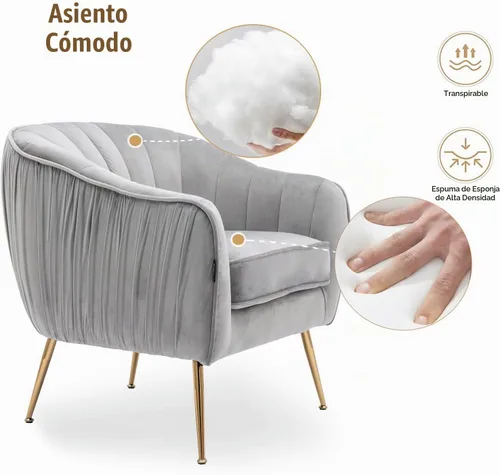 Vista 5 de Silla decorativa de terciopelo, Silla moderna de barril, Sillones de brazo para sala de estar, acabado dorado, gris