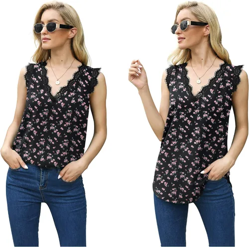 Vista 126 de VIISHOW - Camiseta sin mangas, sexy, con cuello en V y bordes de encaje para mujer, camisola de vestir, camisas de gasa, sin mangas, casuales