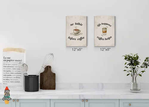 Vista 2 de HB Art Design No Talkie Before Coffee and Life Happens Coffee Helps 2 Panel Canvas Print Set Wall Art Coffee Bar Decor Coffee Signs Kitchen Wall