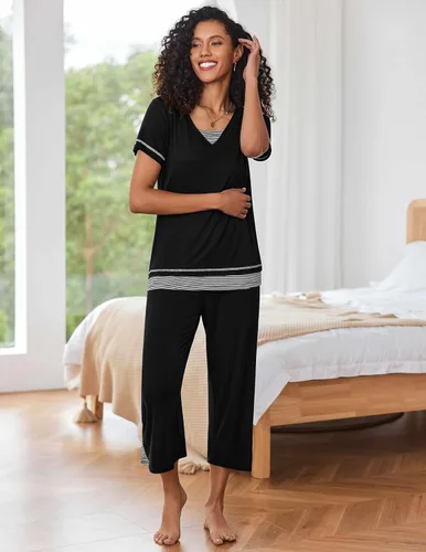 Vista 3 de Ekouaer Conjunto de pijama de manga larga para mujer, conjunto de pijama con cuello en V y bolsillos