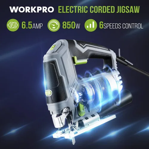 Vista 3 de WORKPRO Sierra de Calar, 6.5AMP 850W Kit de herramientas de sierra de calar eléctrica con cable con 6 velocidades variables, 7 cuchillas, corte