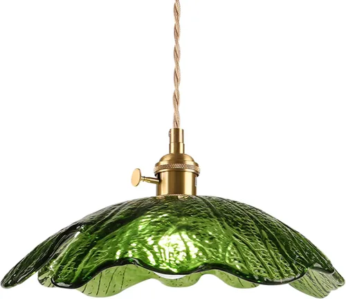Vista 15 de Lámpara colgante colgante de 1 luz, lámparas colgantes de latón dorado, pantalla de vidrio de flores verdes, iluminación colgante moderna