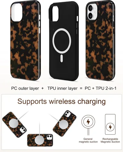Vista 394 de Jusy Funda compatible con MagSafe con estampado de caparazón de tortuga marrón para iPhone 7/8/SE, cubierta protectora de TPU suave magnética