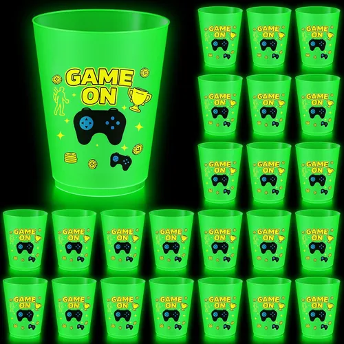 Vista 16 de 24 vasos de béisbol que brillan en la oscuridad, vasos de plástico esmerilados de 16 onzas, vaso verde reutilizable con patrones de estrellas