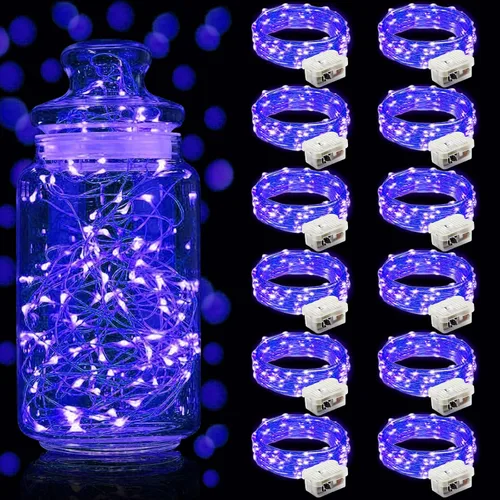 Vista 15 de Aogist Paquete de 24 luces de hadas, 3 modos, 2,1 metros, 20 luces LED, impermeables, cable plateado, funcionan con pilas, mini luces de alambre