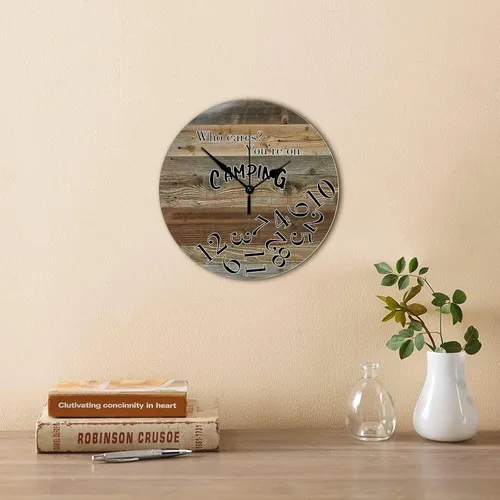 Vista 4 de Reloj de pared de madera de 12 pulgadas con texto en inglés "Who Cares You're on Camping Silent Silent Silent Quiet Wall Clock Retro Old Fashioned