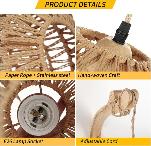 Vista 5 de Frideko Lámpara de Pared de Ratán con Cable de Enchufe Tejida a Mano Apliques de Pared con Enchufe Lámpara de Pared de Cuerda de Papel Aplique