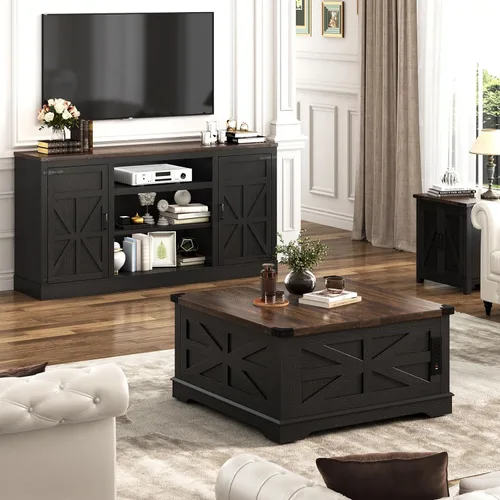 Vista 8 de Hlivelood Mueble de TV Estilo Granja de 66" con Tomas de Corriente para TVs de 75 Pulgadas, Centro de Entretenimiento de 33" de Alto con Gabinetes