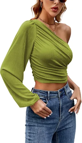 Vista 4 de LYANER Blusa corta de manga larga con un hombro fruncido para mujer