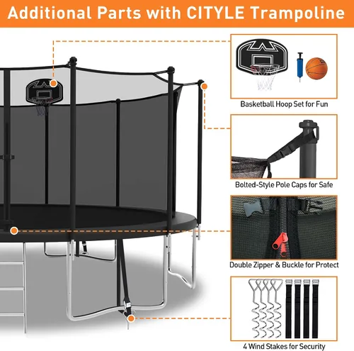 Vista 5 de Trampolín de 1500 libras de 8, 10, 12, 14, 15, 16 pies para adultos/niños con red de seguridad, aro de baloncesto, pelota, estacas y escalera