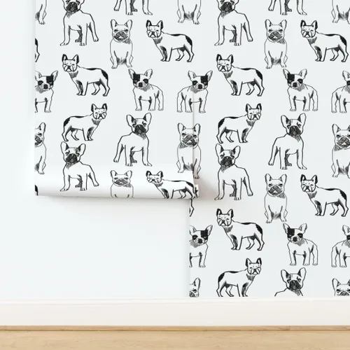Vista 4 de Despegar y pegar papel tapiz muestra – Bulldog francés negro blanco perros Frenchie monocromo lindo cachorro papel pintado personalizado extraíble