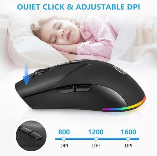 Vista 3 de Ratón inalámbrico, mouse recargable Bluetooth, modo dual BT 5.2 + 2.4G USB silencioso inalámbrico Bluetooth, diseño ergonómico RGB, mouse DPI