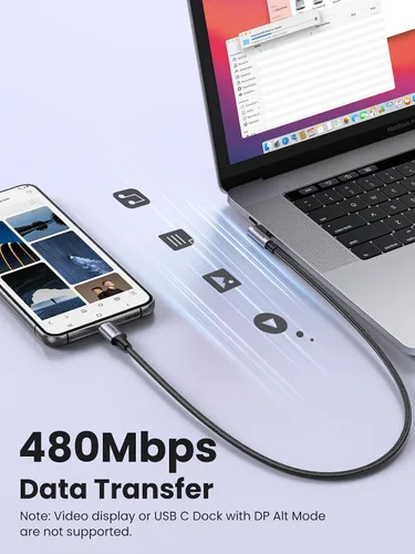 Vista 6 de Cable Ugreen USB C a USB C de 60 W, ángulo recto de 90 grados tipo C de 3.3 pies, cable USB C a USB C de 60 W de 90 grados tipo C para iPhone 17/16