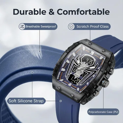 Vista 9 de SMAEL Watches for Men Unique Square Blue Wristwatch with Digital Analog Dual Time Display Countdown Stopwatch Punk Cool Design 5ATM Waterproof 8116
