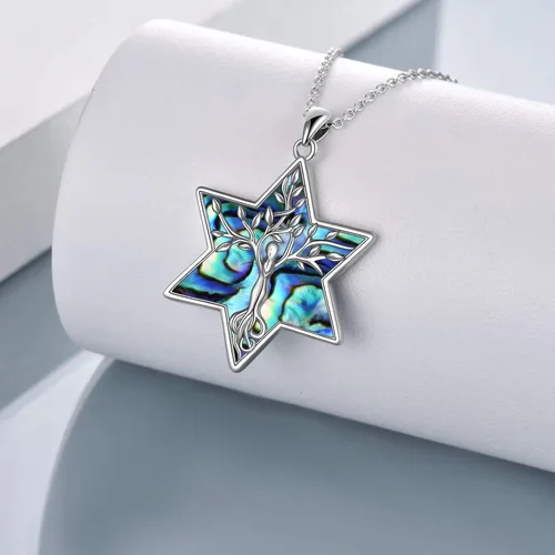 Vista 3 de Collar con colgante de árbol de la vida de plata de ley 925 con concha de abulón, luna, cruz, estrella de David