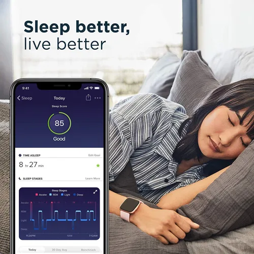Vista 8 de Fitbit Versa 2 Smartwatch Carbon (negro) con bandas de bonificación (Oliva)