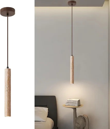 Vista 11 de Lámpara colgante japonesa Wabi sabi con pantalla de piedra natural, lámpara colgante de madera moderna regulable, lámpara colgante de altura
