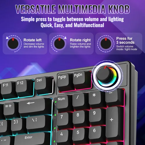Vista 3 de Mechanical Gaming Keyboard with Red Switches 98 Keys PC Gaming Keyboard with BacklitMulti-Function Volume & Lighting Knob,Anti-Ghosting Wired USB