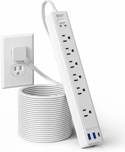 Vista 12 de SUPERDANNY - Protector de sobretensión con enchufe plano, tira de alimentación, cable de extensión ultra delgado de 6 pies con 3 USB