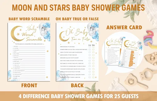 Vista 2 de Moon Stars - Juego de juegos para baby shower, 4 juegos incluye Word Scramble, Oh Baby, predicciones y consejos, bingo, 50 tarjetas de doble cara