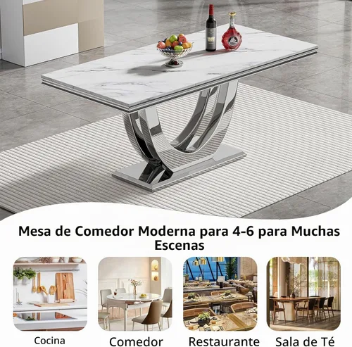 Vista 5 de Mesa de comedor blanca de 68 pulgadas para 4-6, mesa de cocina rectangular moderna con mesa de mármol sintético y base de acero inoxidable plateado