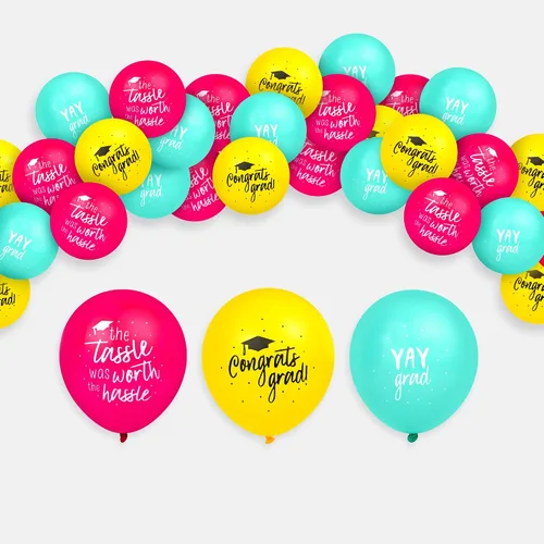 Vista 8 de KatchOn, Juego de globos de graduación azules, amarillos y rosados, 12 pulgadas, paquete de 75 Globos de graduación de felicitaciones, globo Yay
