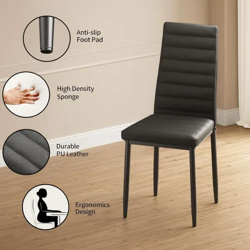 Vista 4 de Juego de sillas de comedor de 6 piezas, cuero sintético negro moderno, respaldo alto tapizado, marco de acero, cocina cómoda, muebles de comedor
