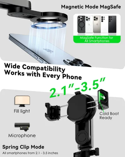 Vista 8 de CloudValley Palo magnético para selfie y mini trípode, estabilizador de mano extensible de rotación de 360°, agarre de cámara con control remoto
