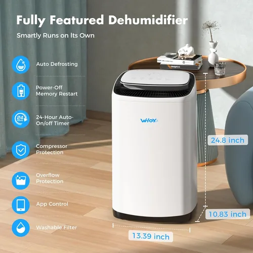 Vista 4 de Deshumidificador WHOY para sótano de 6,000 pies cuadrados, 120 pintas máx. Compresor inteligente, humidistato inteligente, controlado por aplicación