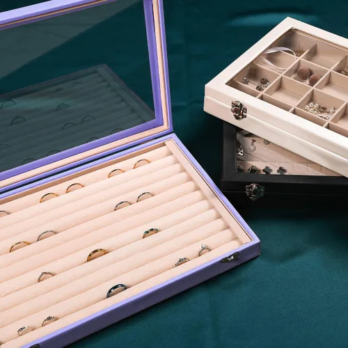 Vista 6 de Frebeauty Bandeja organizadora de anillos y aretes con tapa transparente, 10 ranuras para cajón grande de poliuretano, caja de almacenamiento