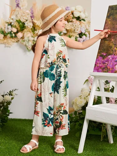 Vista 3 de Verdusa Conjunto de 2 piezas para niña pequeña, con estampado tropical, top halter y pantalones